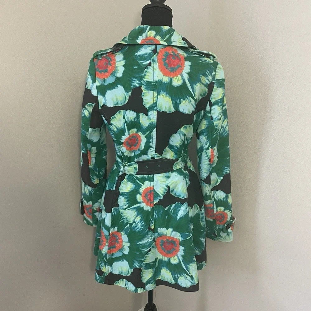 BANANA REPUBLIC Sz S Floral Belted Trench Coat Green Multicolor Double‎ Breasted